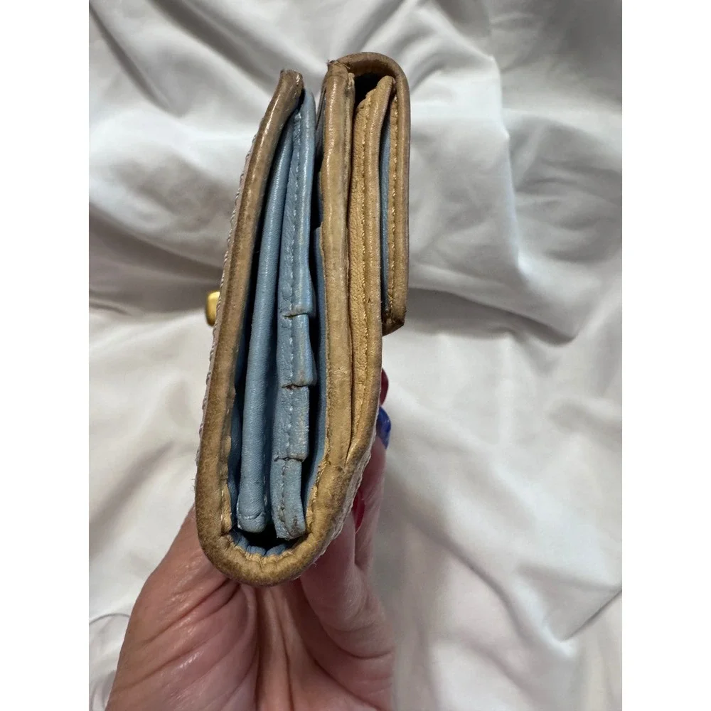 Coach Signature C Jacquard Turnlock Trifold Wallet Brown Tan Light Blue Interior